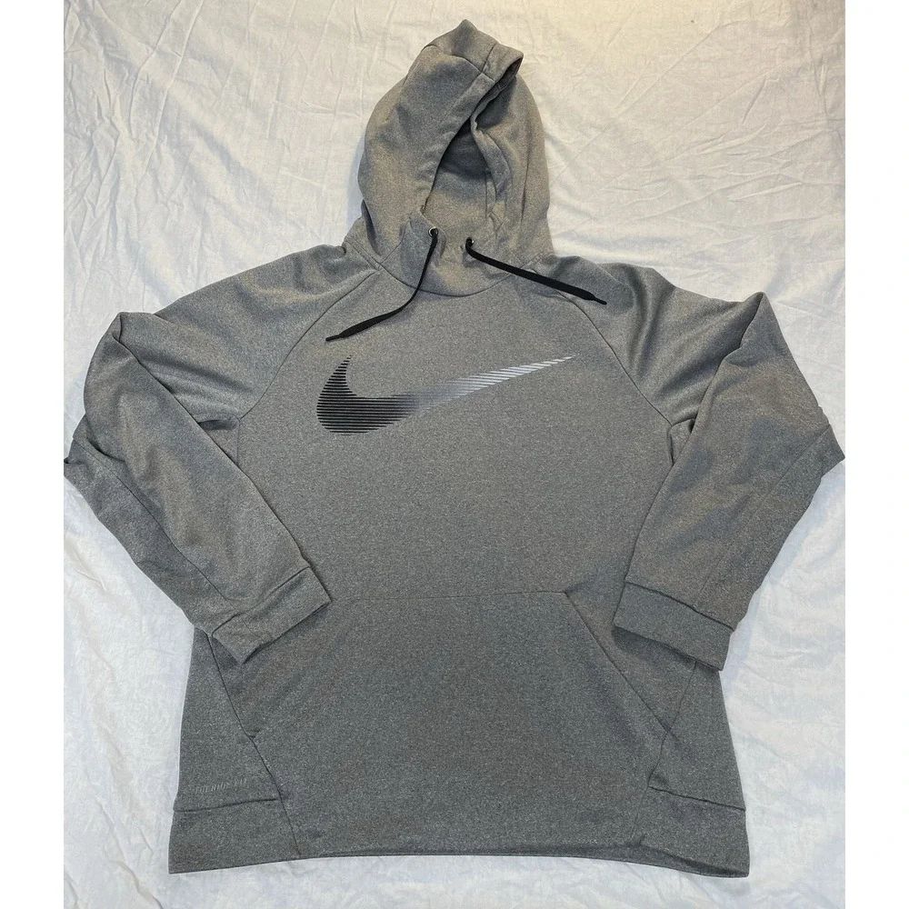 Nike Therma Fit Hoodie Mens Large Gray Pullover Swoosh‎ Sweatshirt